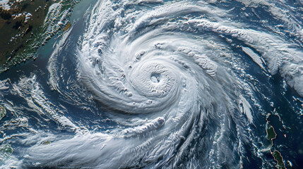 A satellite image showing a large, well-defined cyclone with swirling clouds over the ocean, indicative of a powerful meteorological event.