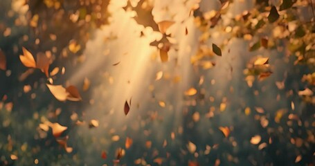 Abstract, art and glow with autumn leaves flying in fall with forest in nature for ecology with shine. Wind, green and natural for plant growth or lens flare with beautiful for fallen leaf in Germany