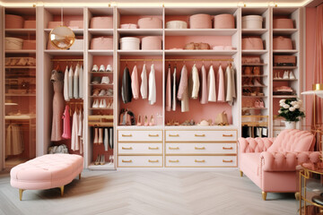 Pink and golden luxurious custom walk in closet with organized storage and a stylish pink ottoman