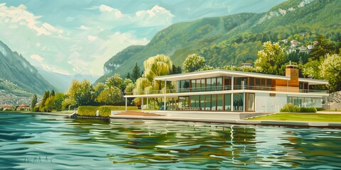 a luxurious lakeside residence in Switzerland, with crystal-clear waters reflecting the modern elegance of the architecture water clour