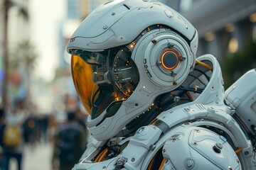 Fototapeta premium Close-up of a futuristic robot's head, showcasing sophisticated design and advanced technology in a modern world