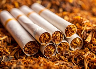 A macro shot capturing a group of cigarettes lying on a bed of loose tobacco leaves