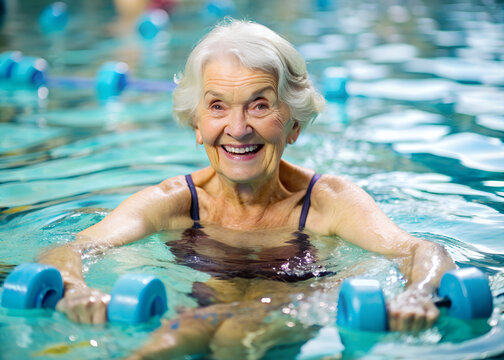 Cheerful elderly woman enjoying a water aerobics session with dumbbells in a swimming pool
