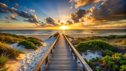 Fototapeta premium A breathtaking sunrise over the ocean with rays peeking through clouds, viewed from a wooden walkway through sand dunes