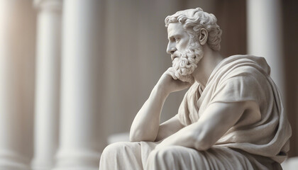 statue of Greek philosopher sitting in contemplation , copy space for text, isolated white background

