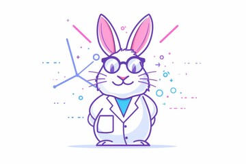 Adorable, intelligent rabbit character in glasses and trendy business attire, with a coffee mug in hand - illustration