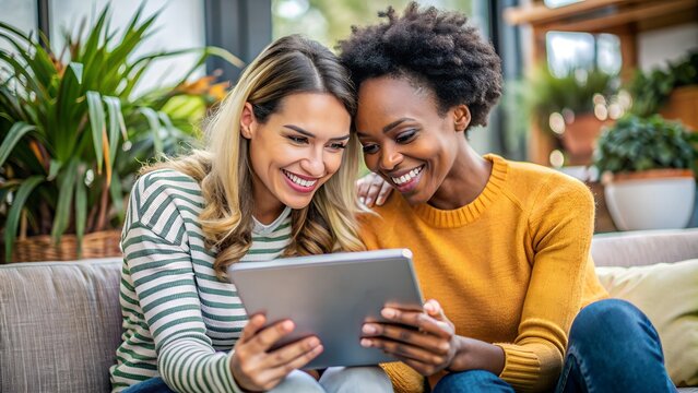 Two diverse women sharing a laugh while looking at a digital tablet together