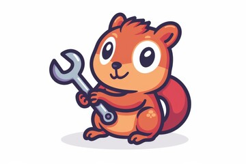 Fototapeta premium Cute cartoon squirrel with a wrench, depicting the themes of handiness, repair, and hardworking critters in vibrant, playful artwork