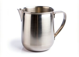 A sleek stainless steel pitcher with a reflective surface stands elegantly against a stark white background