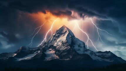 Dramatic Lightning Strike Over Snow-Capped Mountain at Dusk