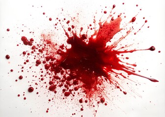 High-resolution image of a splatter of red liquid that closely resembles blood on a white background