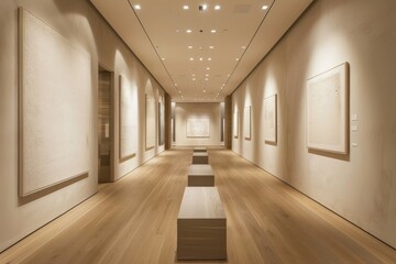 Tranquil exhibition space with elegant wood floors, warm ambient lighting, and contemporary artwork in a spacious art gallery interior