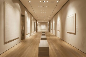 Fototapeta premium Tranquil exhibition space with elegant wood floors, warm ambient lighting, and contemporary artwork in a spacious art gallery interior