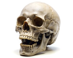 Obraz premium Detailed view of a human skull isolated on a white background, showcasing its anatomical features