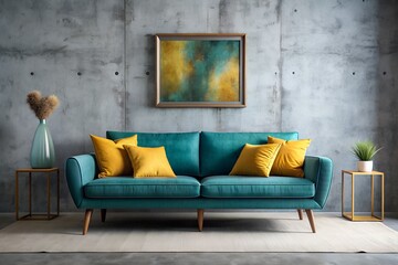 A stylish living room featuring a teal velvet sofa, yellow cushions, and a gold-framed abstract painting on a concrete wall