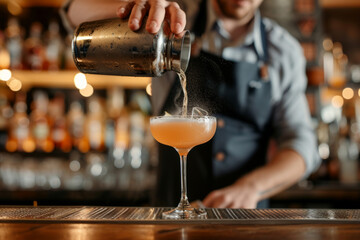 Male bartender pouring a cocktail from shaker into a glass in a modern bar with blurred bar background