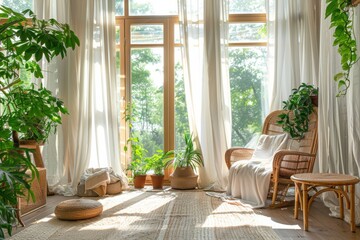 Fototapeta premium Natural sunlight illuminates the serene living room, showcasing lush indoor plants and inviting wicker furniture