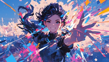 A girl in an anime-style illustration is dancing, surrounded by colorful geometric shapes and lines that create the atmosphere of futuristic music. 