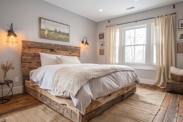Cozy bedroom with a reclaimed wood headboard, soft bedding, vintage decor, and warm lighting for a welcoming, tranquil vibe