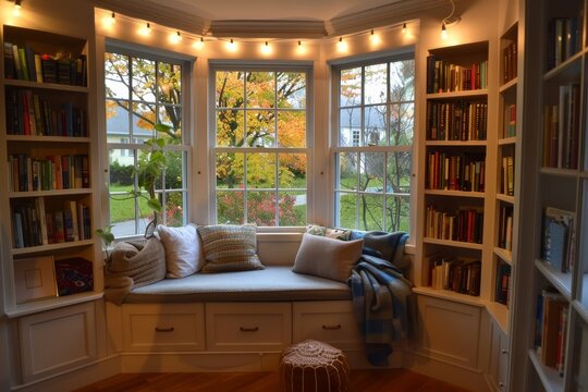 Comfortable reading nook with plush cushions, surrounded by bookshelves, under window light with a view of autumn foliage