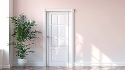 White door, window and plant concept in plain monochrome pastel pink color. Light background with copy space. 3D rendering.