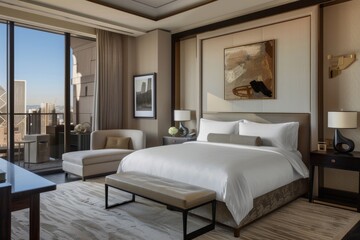 Luxurious and contemporary hotel room featuring a spacious cozy bed, chic decor, and a stunning cityscape vista