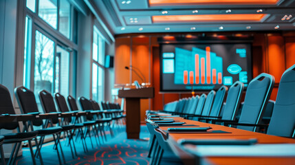 Obraz premium Professional conference room with digital presentation screen and seating