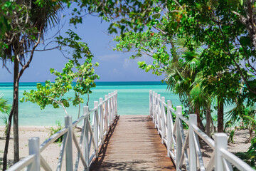 Wooden pier extending over turquoise waters towards a pristine beach flanked by tropical foliage