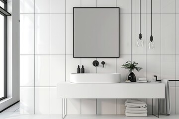 Elegant minimalist bathroom featuring a white sink, towels, pendant lights, and a blank frame for custom artwork or messages