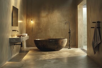 Elegant modern bathroom with a distinctive freestanding bathtub, stylish sink, and inviting ambient lighting in a calm and refined environment