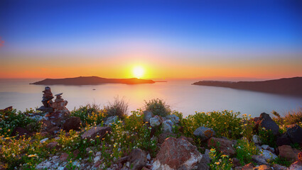 Sunset over santorini - serene seascape view