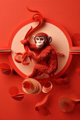 Vibrant paper art of a monkey, Chinese monkey year, greeting card, paper art illustration, red color