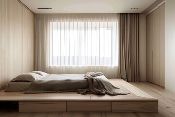 Cozy minimalist bedroom featuring a low platform bed, wooden accents, and ample natural light from a large, curtained window