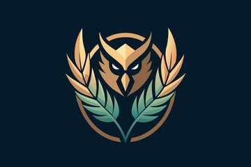 Stylized owl logo featuring gold and teal colors on black