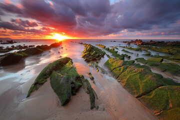 Majestic sunset on a rocky beach
