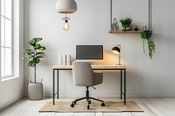 Contemporary home office setup with a stylish desk, comfortable chair, decorative plants, and warm lighting in a minimalist design