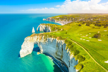 Aerial view of etretat cliffs and golf course by the sea
