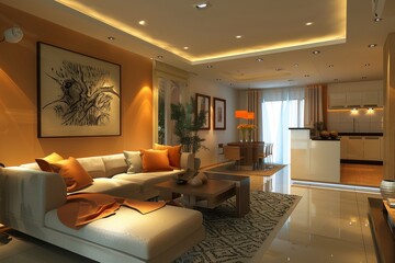 Warm and contemporary living room with luxurious lighting and an open-plan kitchen for a cozy and sophisticated space