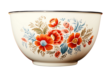 Hand painted floral design on ceramic bowl, red orange yellow blue white, great for pasta, salad, or cereal
