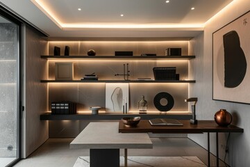 Modern home office arrangement featuring chic lighting, elegant furnishings, and tasteful decor,...