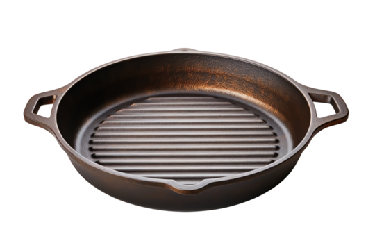 The grill pan is made of cast iron, which is durable and has good heat retention