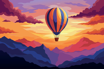Fototapeta premium A balloon flies over layered hills against a vibrant dusk sky