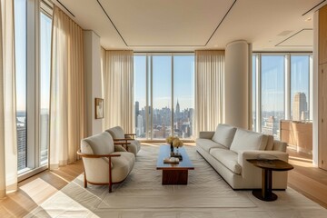 Stunning living room featuring stylish furniture, expansive windows, and stunning panoramic city views in a luxury high-rise apartment
