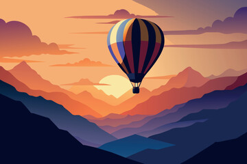 Fototapeta premium A hot air balloon soars over a tranquil mountainous landscape bathed in sunset hues