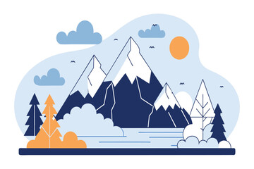Stylized illustration of mountains with sun, trees, and river in a tranquil setting