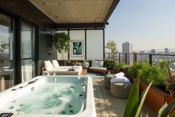 Tranquil rooftop oasis with a jacuzzi, cozy outdoor seating, verdant foliage, and stunning city views against a sunny sky