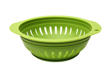The image shows a green plastic colander with two handles. It is perfect for straining liquids from foods, such as when rinsing fruits or vegetables.