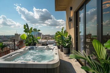 Elegant outdoor jacuzzi on a high-rise balcony with lush potted plants and a panoramic view of the urban skyline at sunset