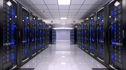 Modern data center with network server racks