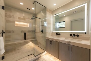 Modern bathroom with a roomy glass shower, double vanity, lit-up mirror, and sophisticated neutral tile pattern